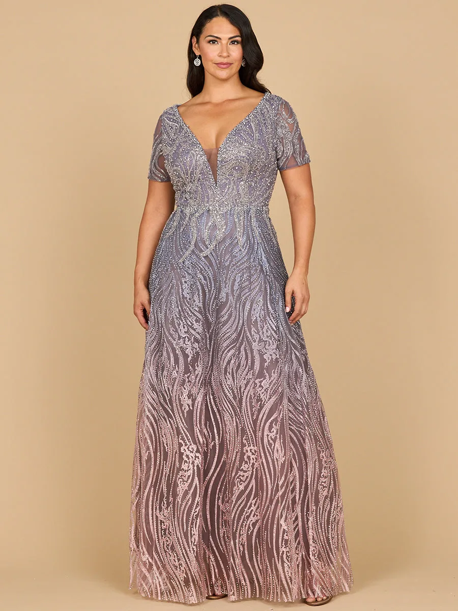 Short Sleeve V-Neck Beaded Ballgown by Lara New York — style 28961 in Multi