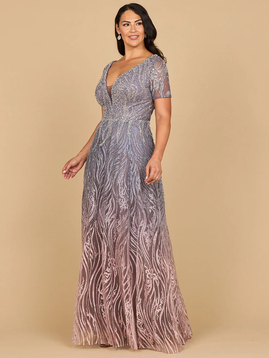 Short Sleeve V-Neck Beaded Ballgown by Lara New York — style 28961