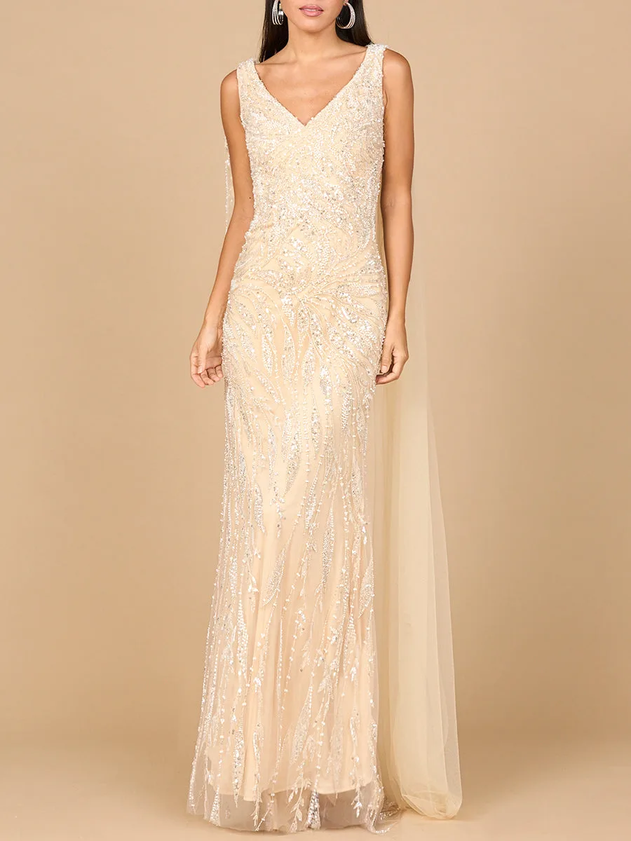 V-Neck Gown with Long Cape Sleeves by Lara New York — style 28963 in Champagne