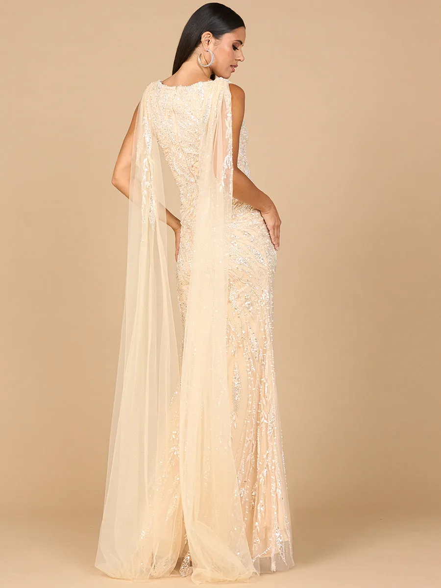 V-Neck Gown with Long Cape Sleeves by Lara New York — style 28963