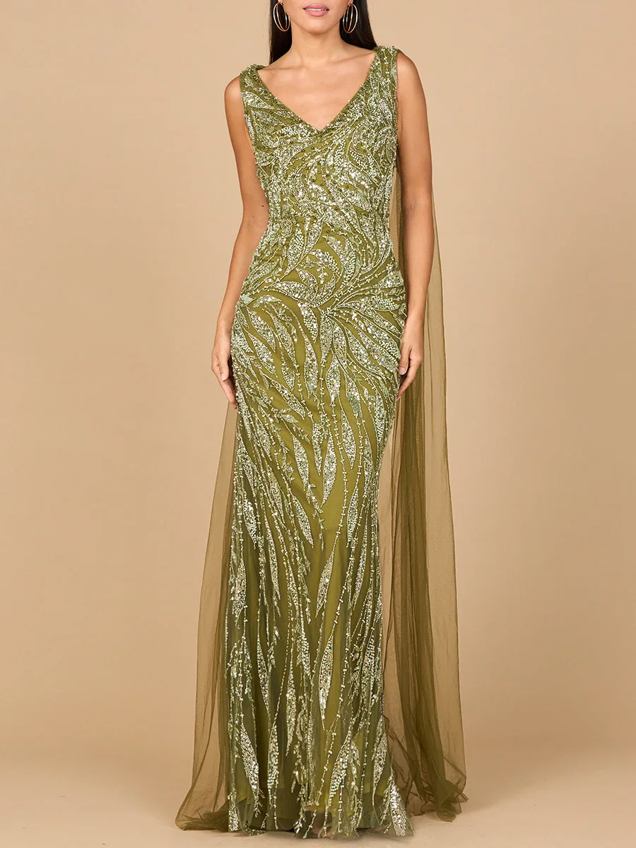 V-Neck Gown with Long Cape Sleeves by Lara New York — style 28963 in Olive