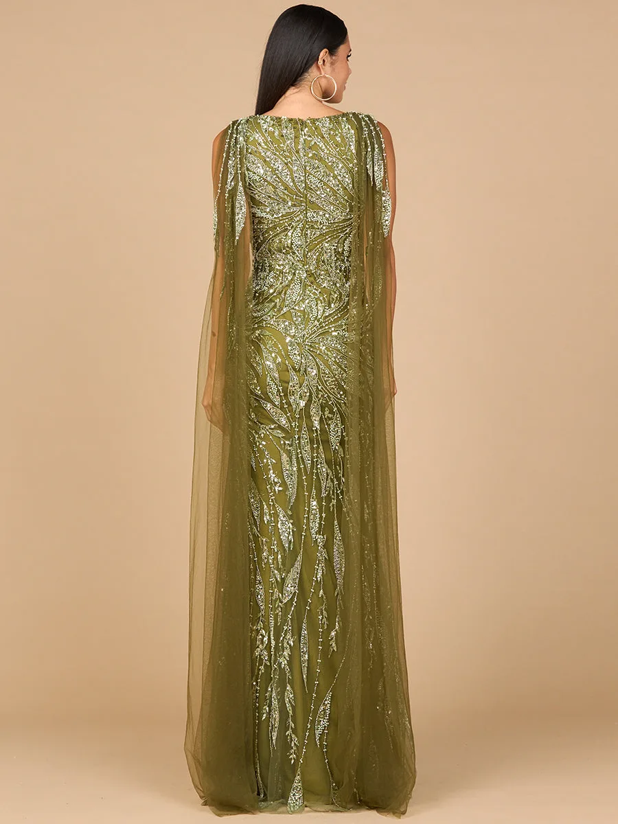 V-Neck Gown with Long Cape Sleeves by Lara New York — style 28963