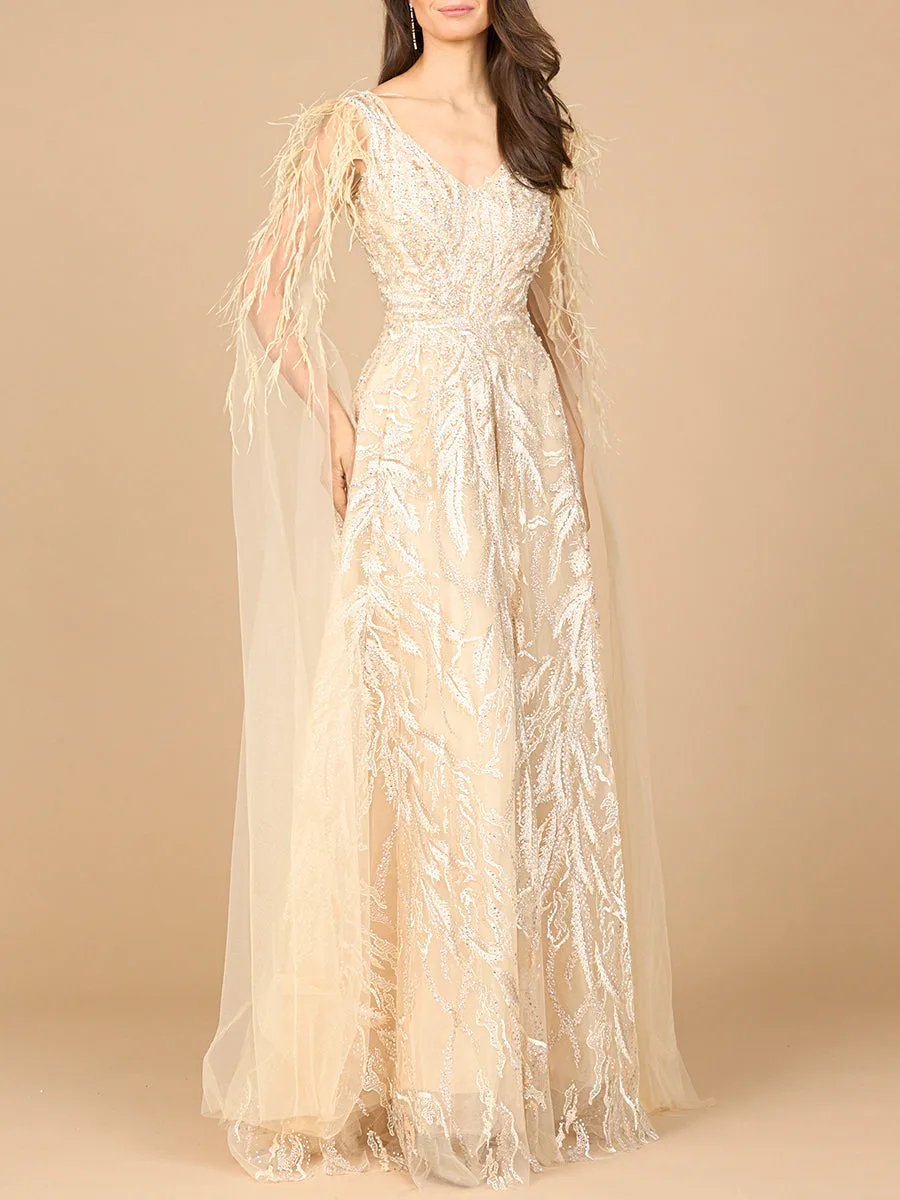 V-Neck Lace Gown with Cape Sleeves by Lara New York — style 28965 in Champagne