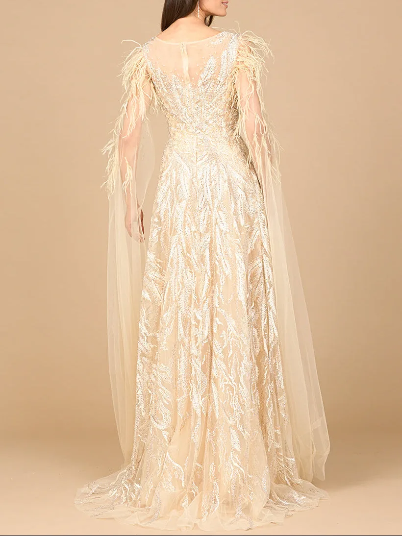 V-Neck Lace Gown with Cape Sleeves by Lara New York — style 28965