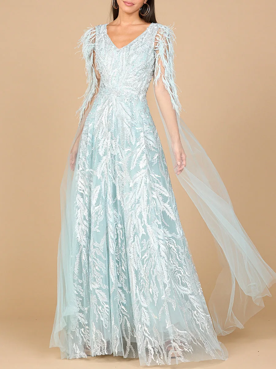 V-Neck Lace Gown with Cape Sleeves by Lara New York — style 28965 in Dusty Blue