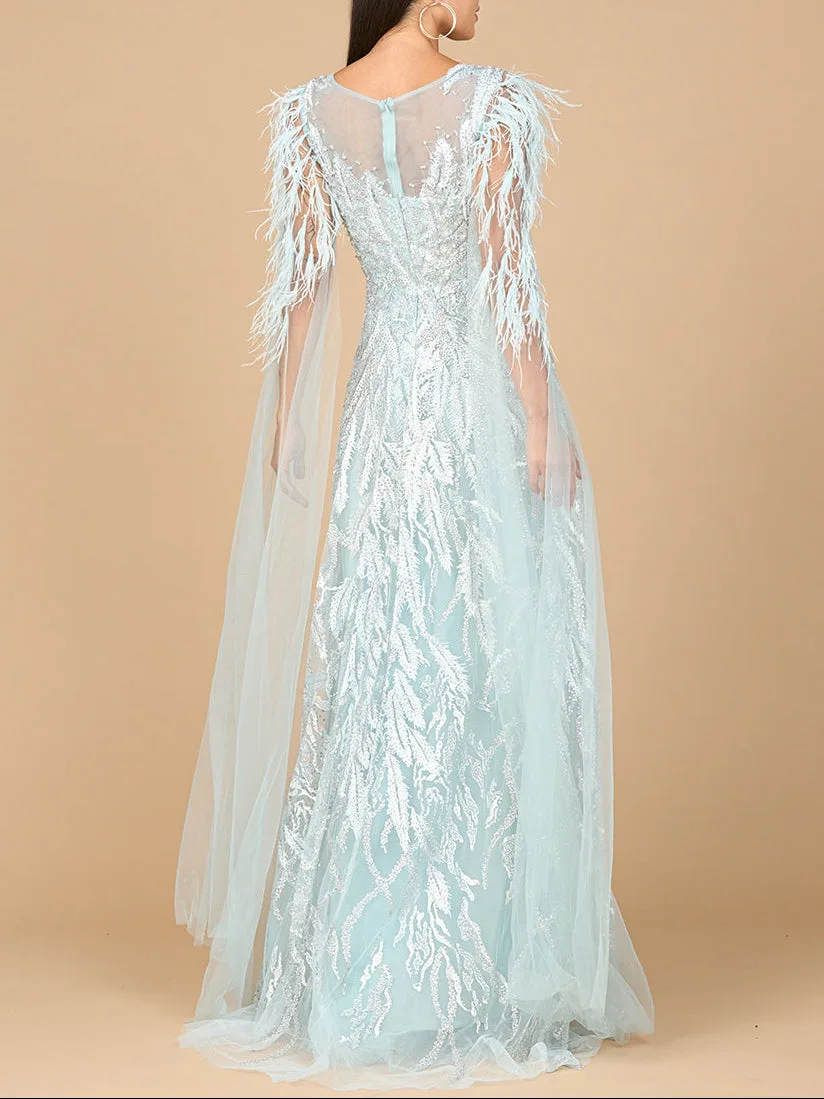 V-Neck Lace Gown with Cape Sleeves by Lara New York — style 28965