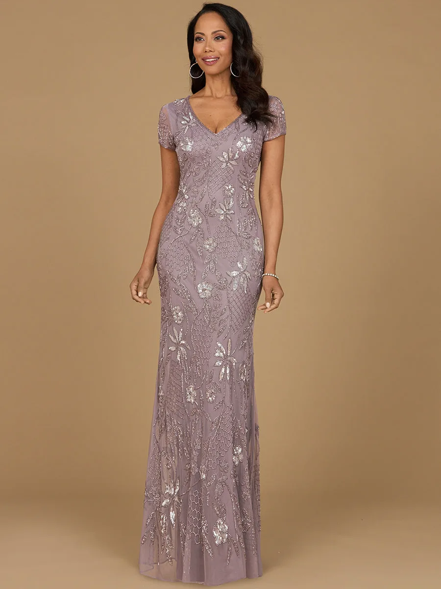 V-Neck, Short Sleeve Beaded Gown by Lara New York — style 28972