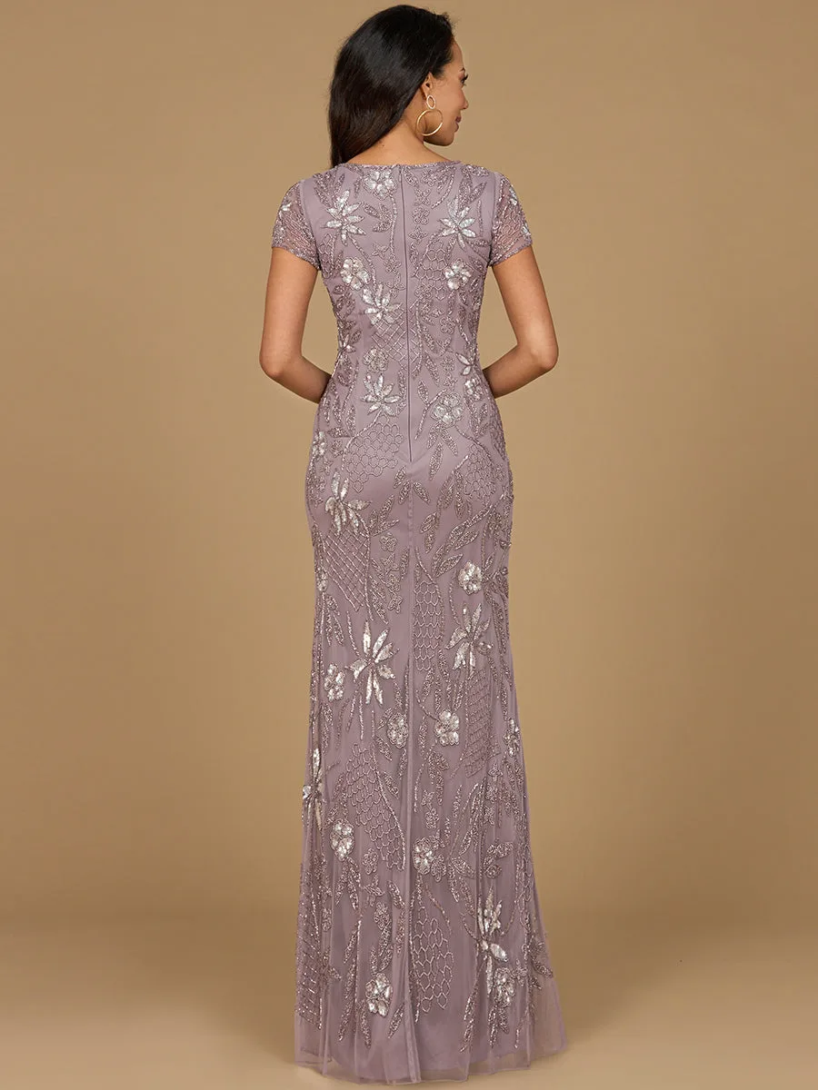 V-Neck, Short Sleeve Beaded Gown by Lara New York — style 28972