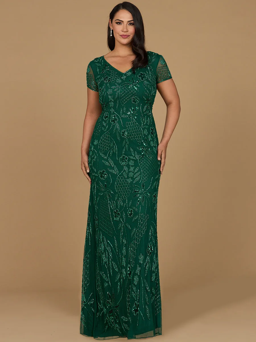 V-Neck, Short Sleeve Beaded Gown by Lara New York — style 28972