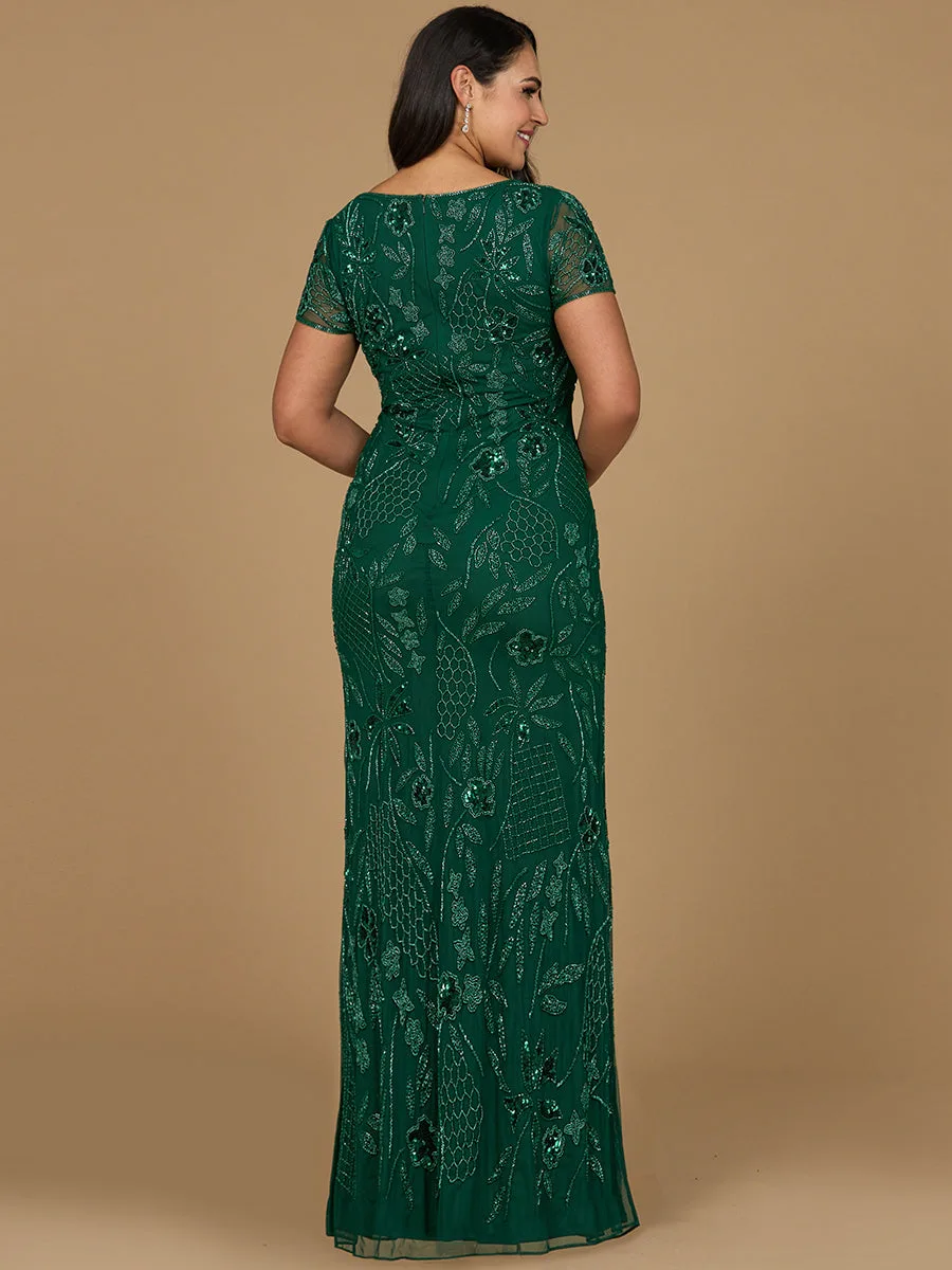 V-Neck, Short Sleeve Beaded Gown by Lara New York — style 28972