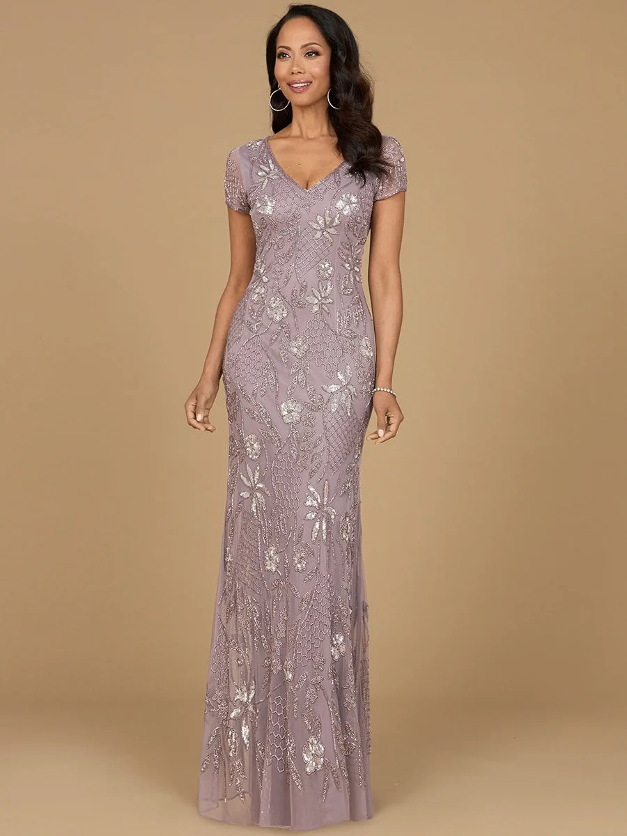 V-Neck, Short Sleeve Beaded Gown by Lara New York — style 28972 in Amethyst