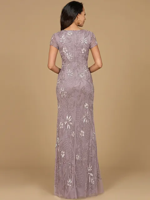 V-Neck, Short Sleeve Beaded Gown