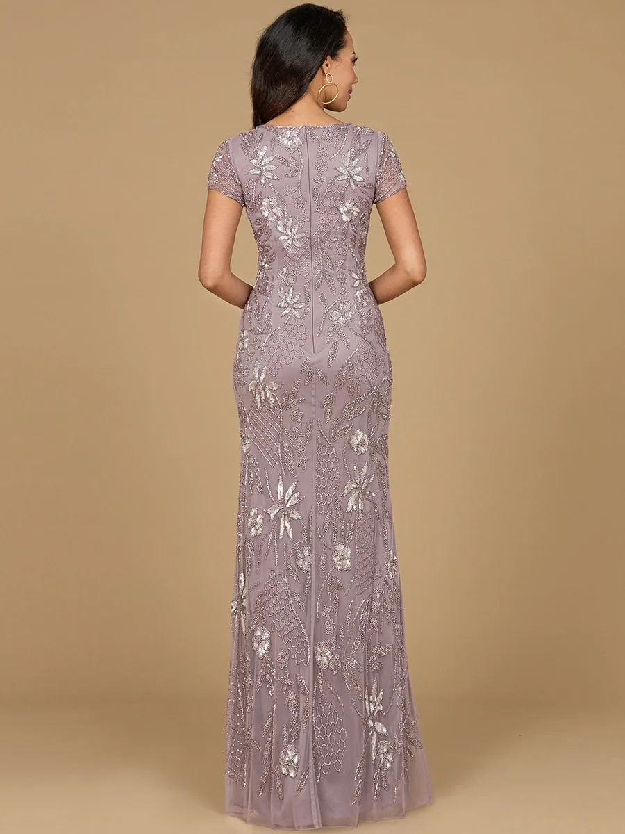 V-Neck, Short Sleeve Beaded Gown by Lara New York — style 28972