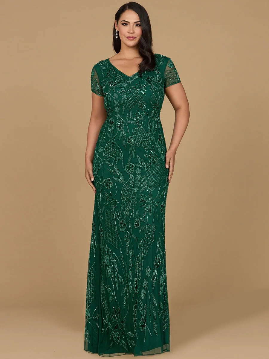 V-Neck, Short Sleeve Beaded Gown by Lara New York — style 28972 in Dark Green