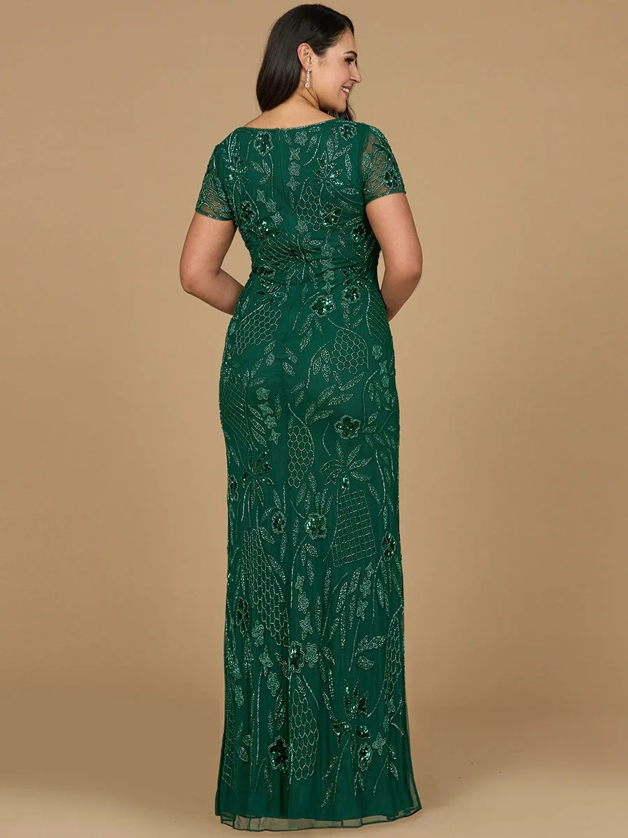 V-Neck, Short Sleeve Beaded Gown by Lara New York — style 28972