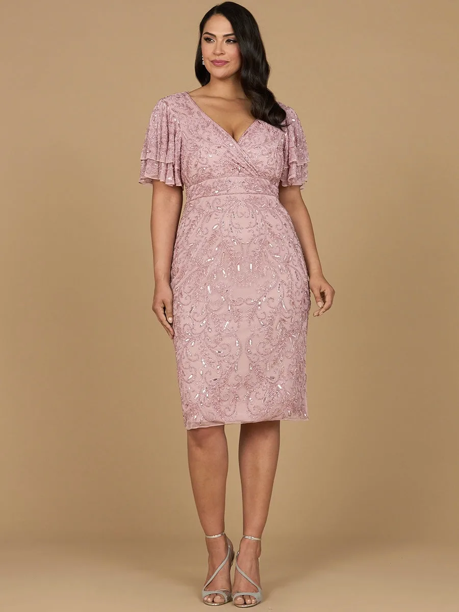 Beaded Midi Dress with Cape Sleeves by Lara New York — style 28973 in Dusty Rose