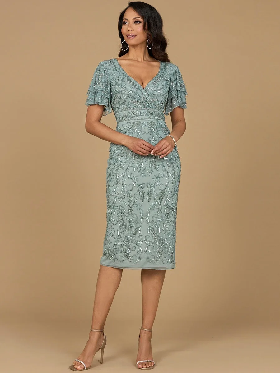 Beaded Midi Dress with Cape Sleeves by Lara New York — style 28973 in Dark Sage