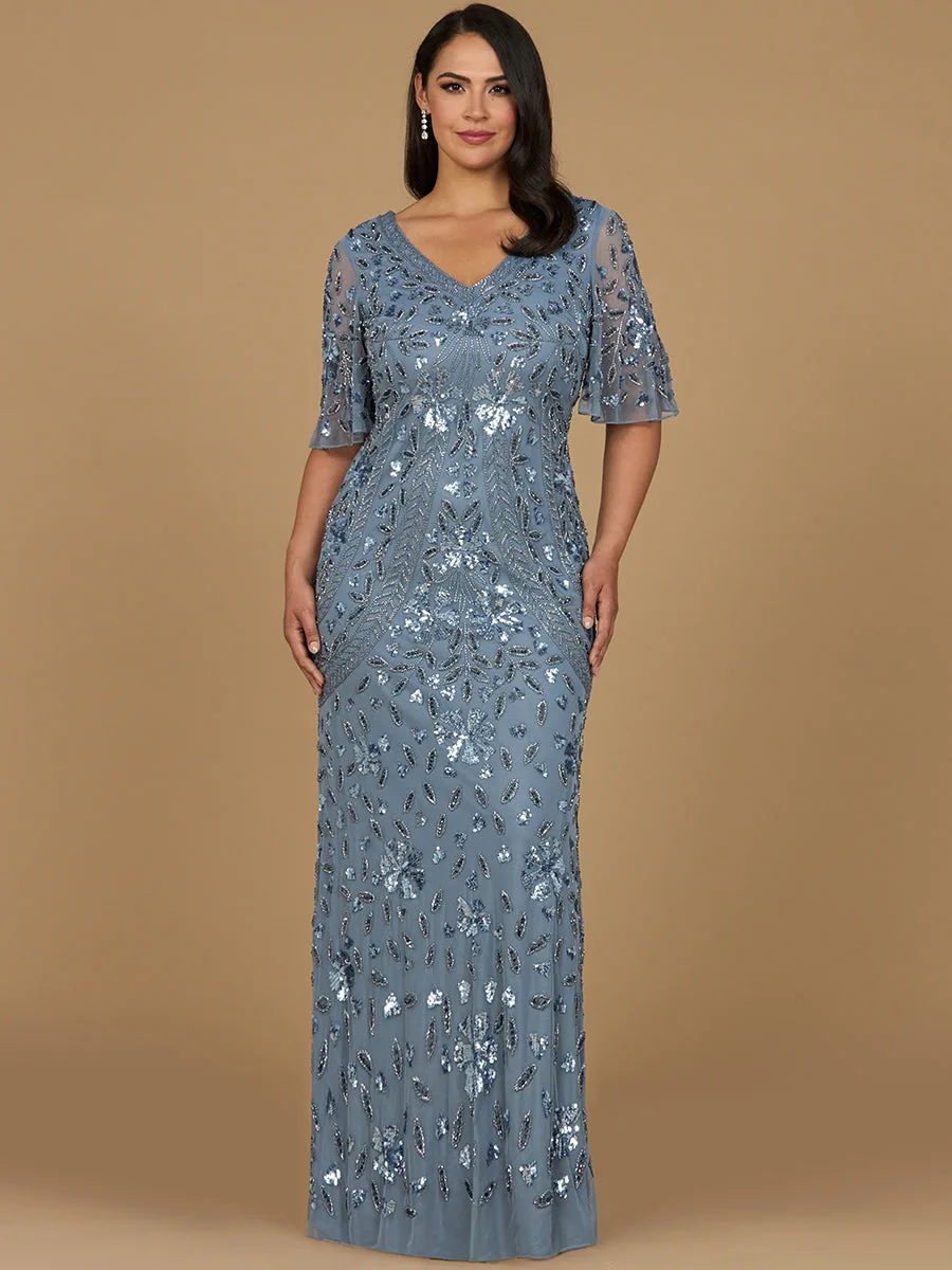 V-Neck, Cape Sleeve Beaded Gown by Lara New York — style 28975