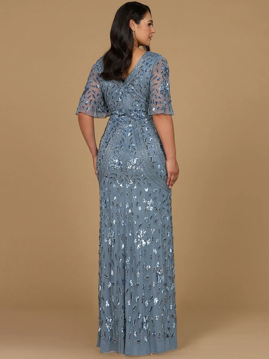 V-Neck, Cape Sleeve Beaded Gown by Lara New York — style 28975