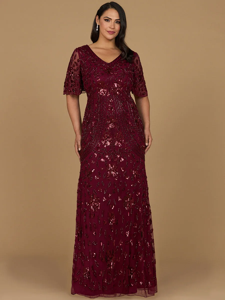 V-Neck, Cape Sleeve Beaded Gown by Lara New York — style 28975