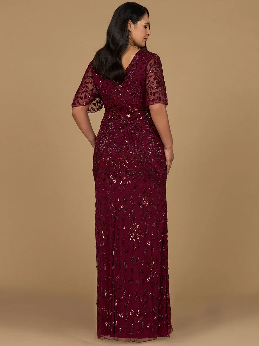V-Neck, Cape Sleeve Beaded Gown by Lara New York — style 28975