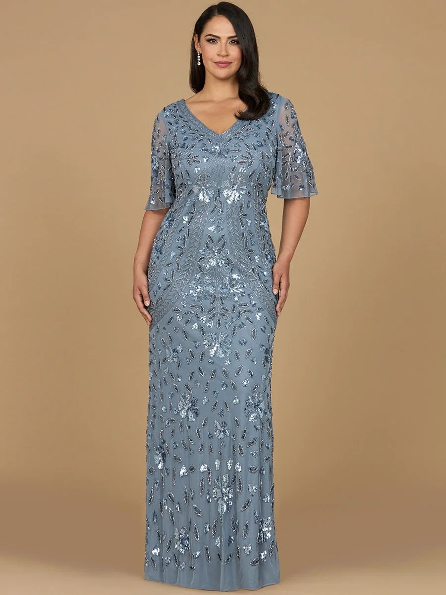 V-Neck, Cape Sleeve Beaded Gown by Lara New York — style 28975 in Dusty Periwinkle