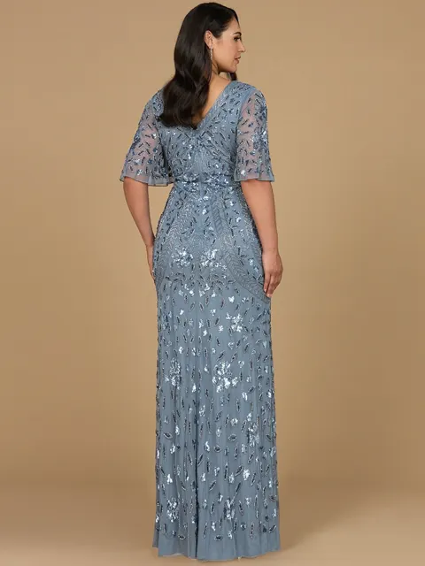 V-Neck, Cape Sleeve Beaded Gown
