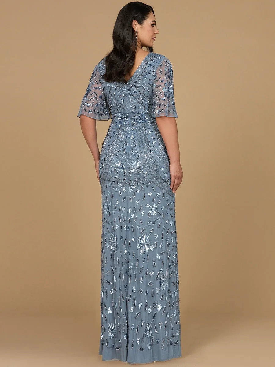 V-Neck, Cape Sleeve Beaded Gown by Lara New York — style 28975