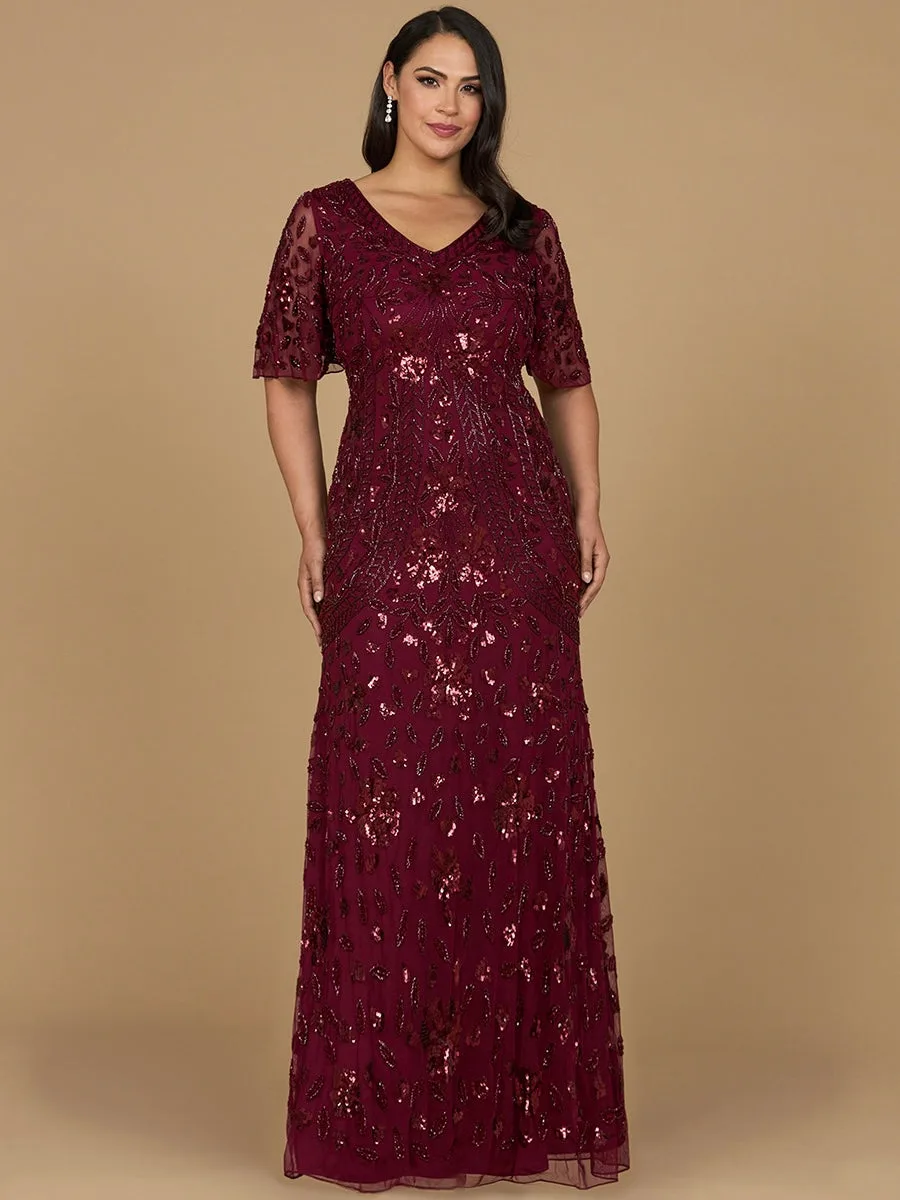 V-Neck, Cape Sleeve Beaded Gown by Lara New York — style 28975 in Wine