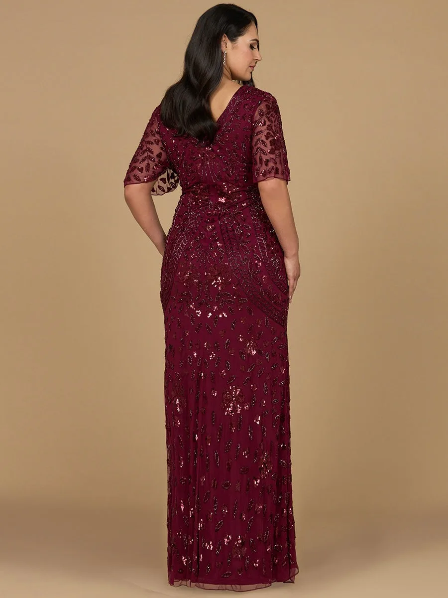 V-Neck, Cape Sleeve Beaded Gown by Lara New York — style 28975