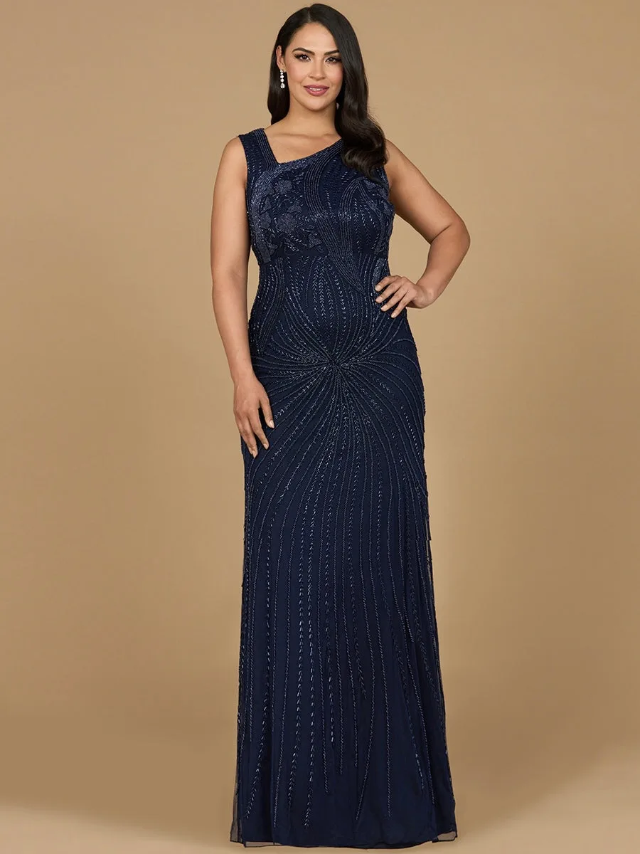 Asymmetrical, Beaded Gown by Lara New York — style 28976 in Navy
