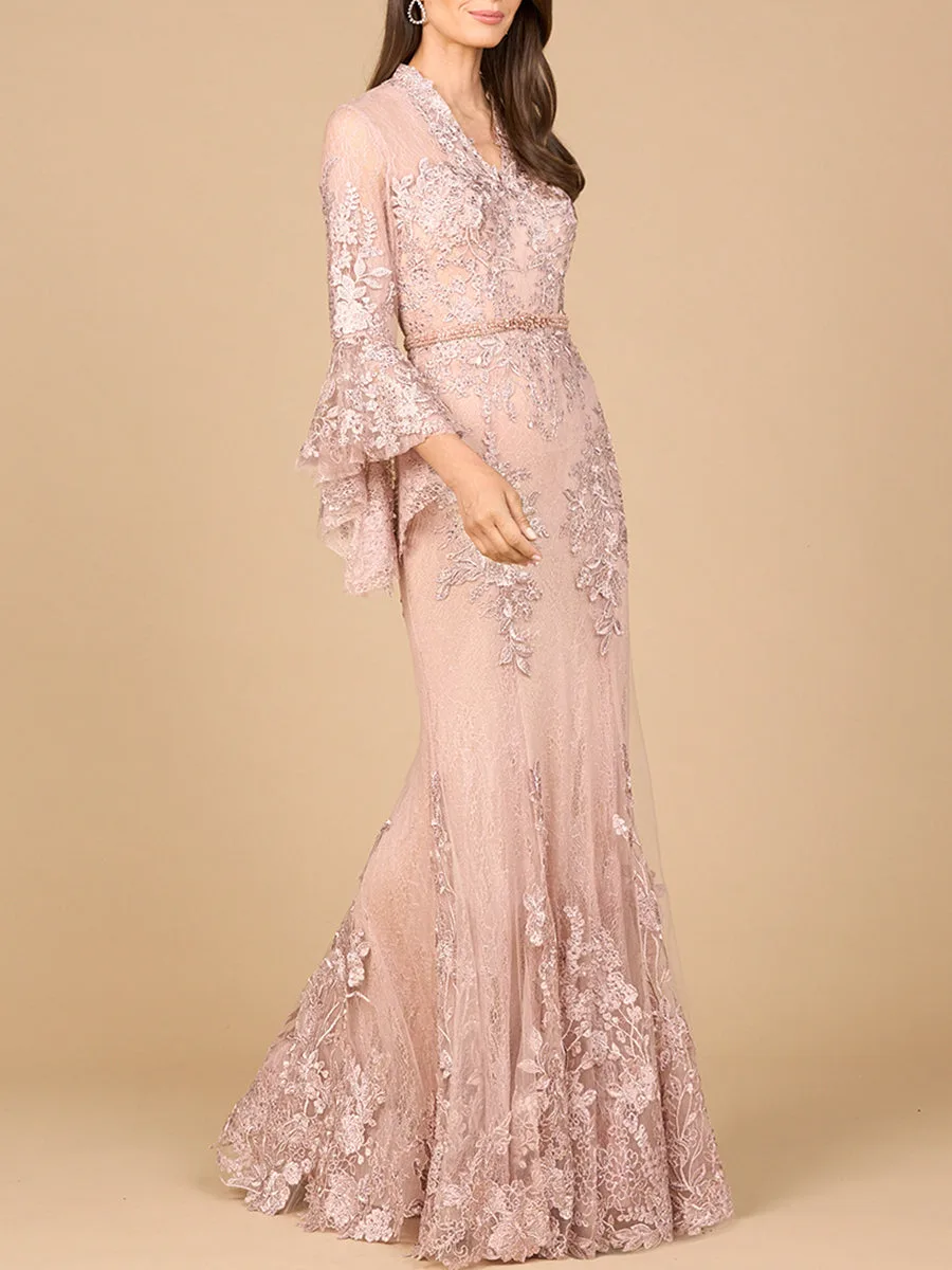 Lace, V Neck, Long Bell Sleeve Gown by Lara New York — style 28978 in Blush
