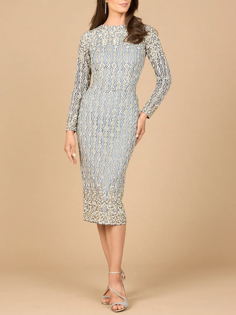 Beaded Midi Dress with Long Sleeves by Lara New York — style 28982 in Grey