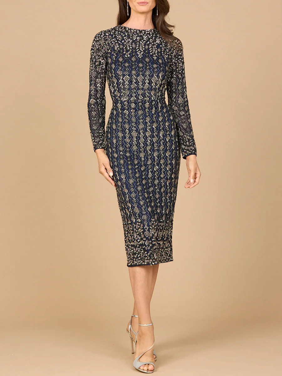 Beaded Midi Dress with Long Sleeves by Lara New York — style 28982 in Navy