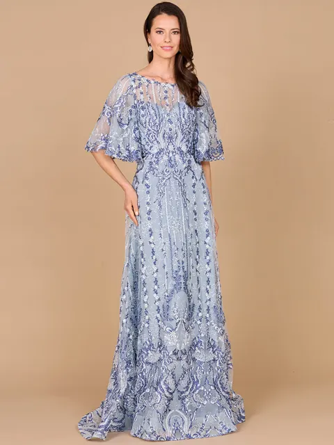 Embroidered, Cape Sleeve A-line Gown