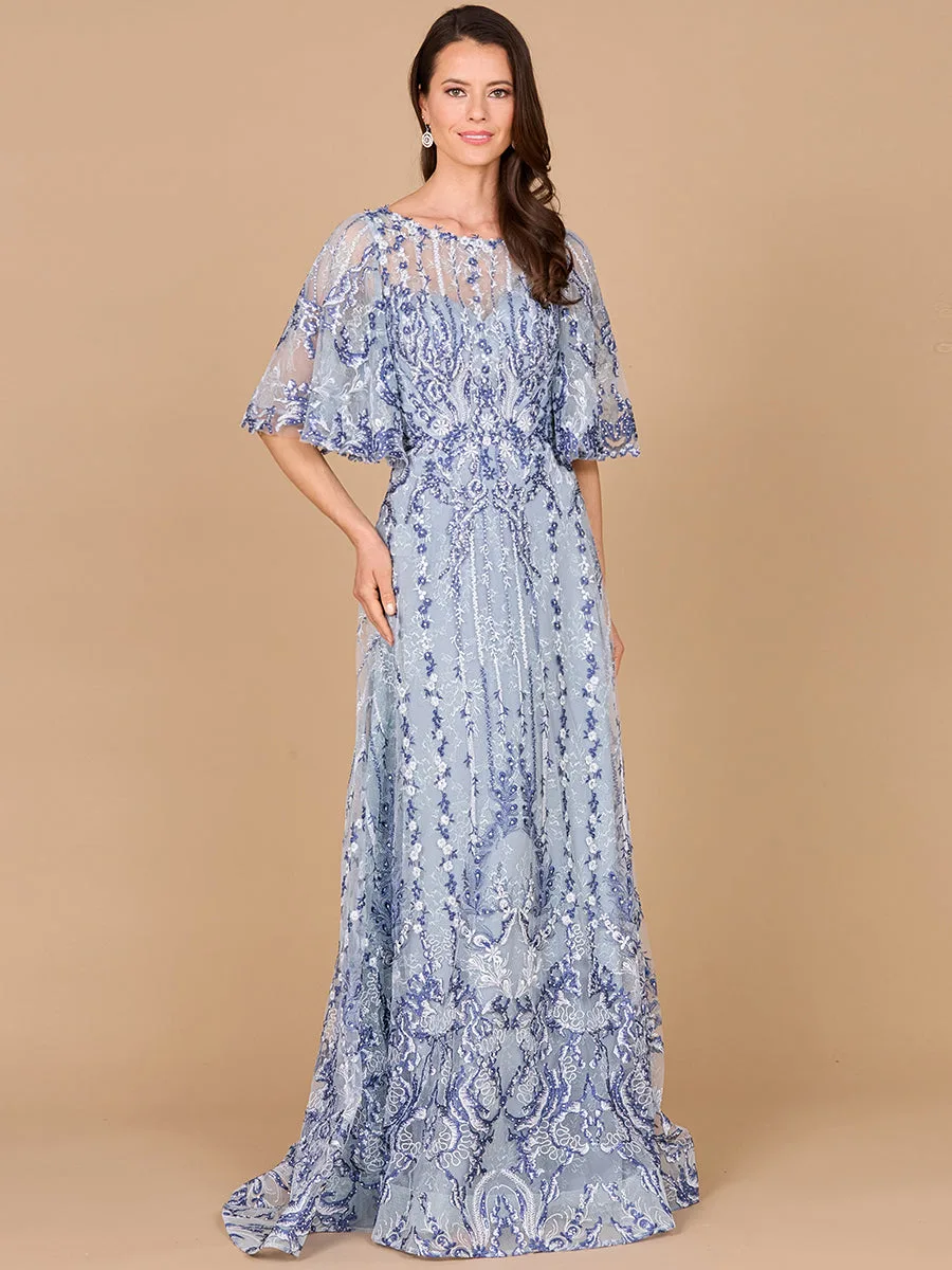 Embroidered, Cape Sleeve A-line Gown by Lara New York — style 28984 in Blue