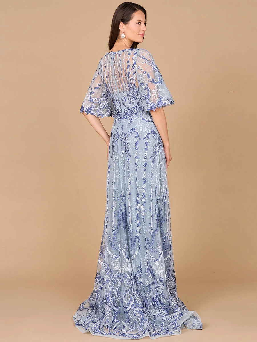 Embroidered, Cape Sleeve A-line Gown by Lara New York — style 28984