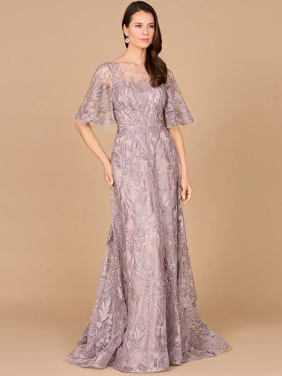 Modest, Cape Sleeve A-line Gown by Lara New York — style 28985 in Dusty Lavender