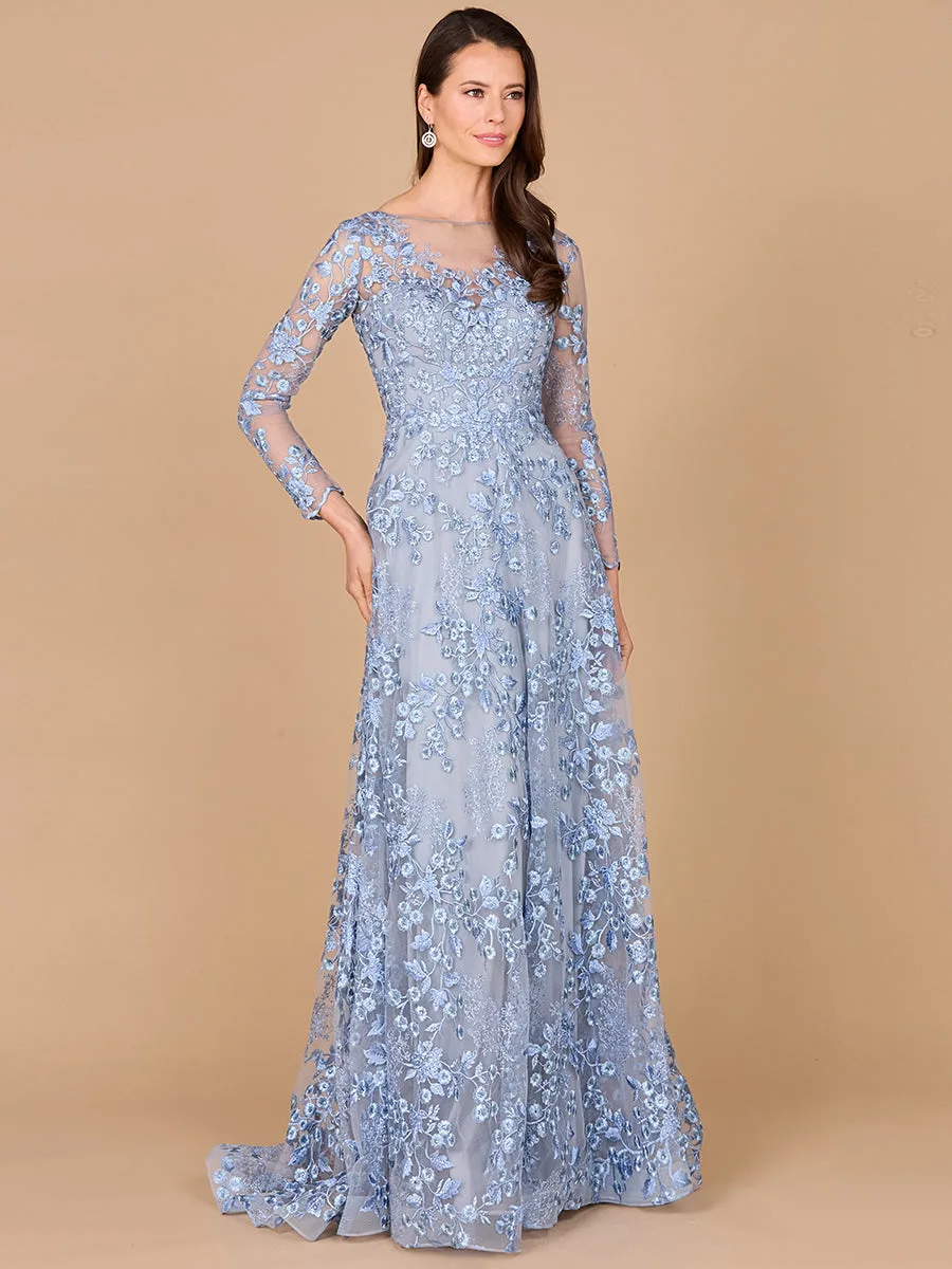 Illusion Neckline, Long Sleeves Gown by Lara New York — style 28987 in Blue