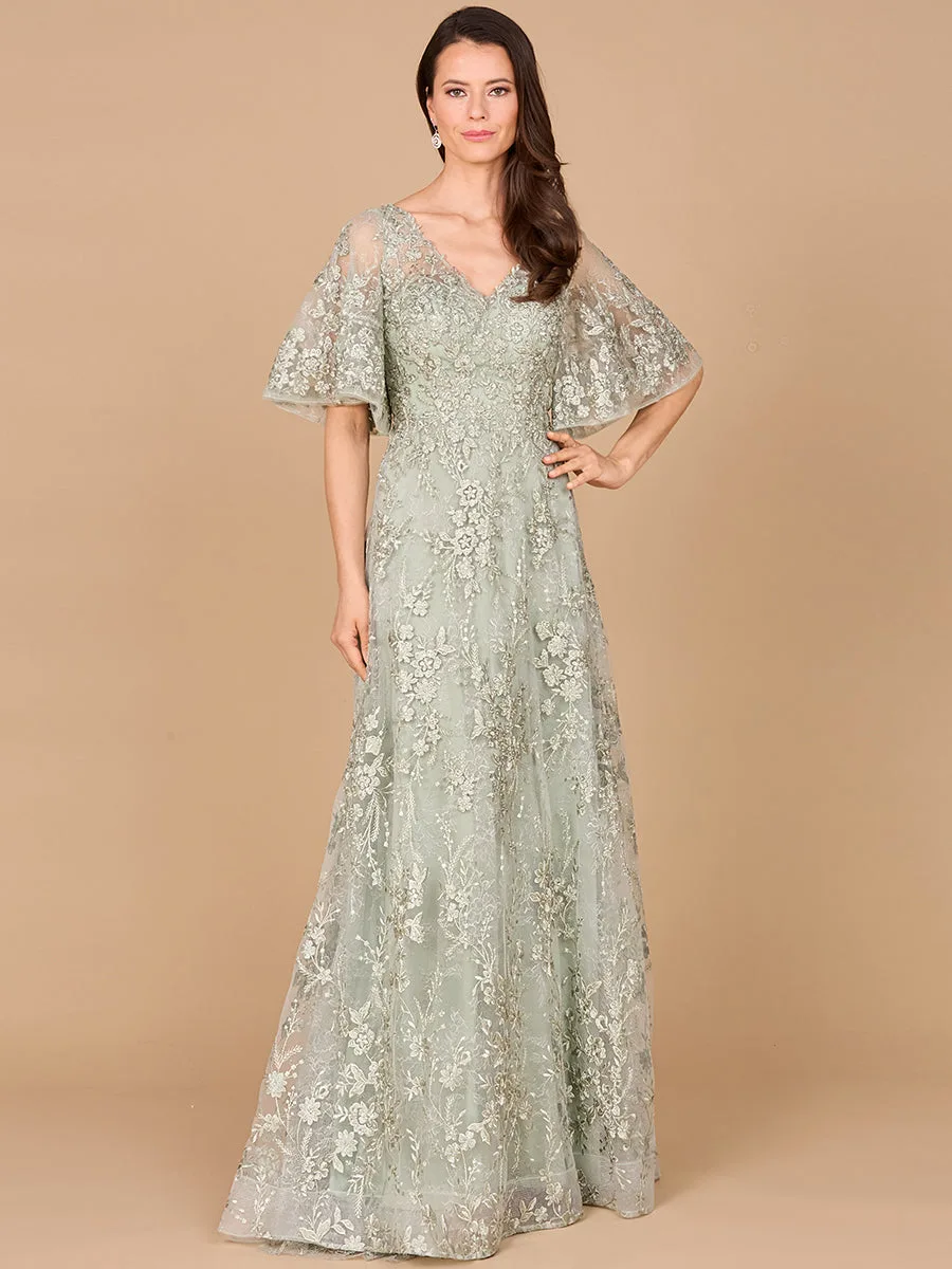 V-neck, Cape Sleeve Gown by Lara New York — style 28992 in Sage