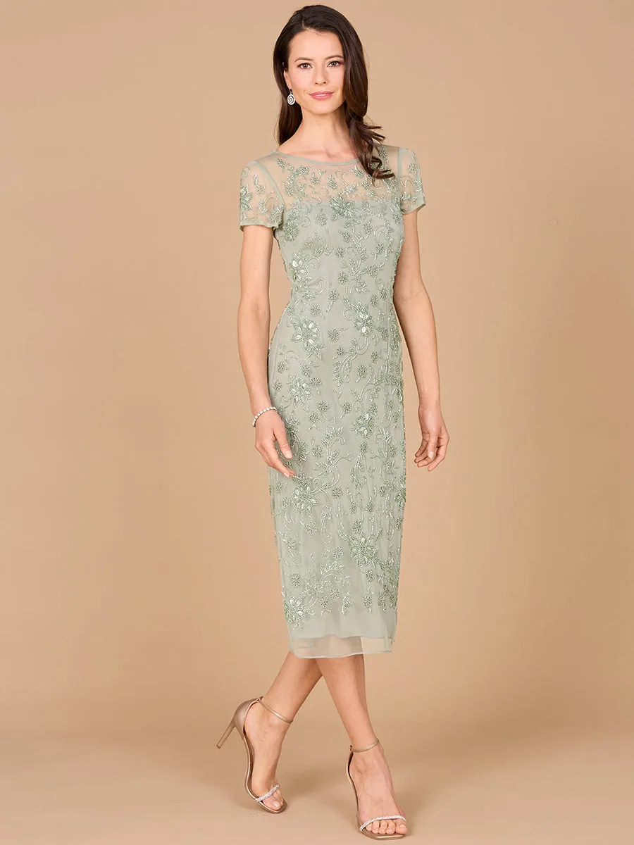 Beaded Midi Dress with Cap Sleeves by Lara New York — style 28997 in Mint