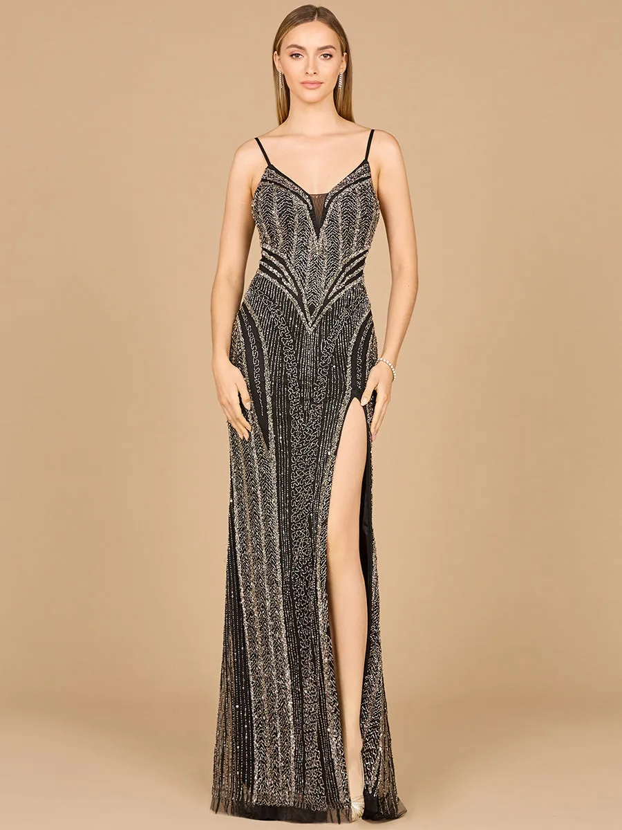 Spaghetti Strap Beaded Gown with Slit by Lara New York — style 29003 in Black
