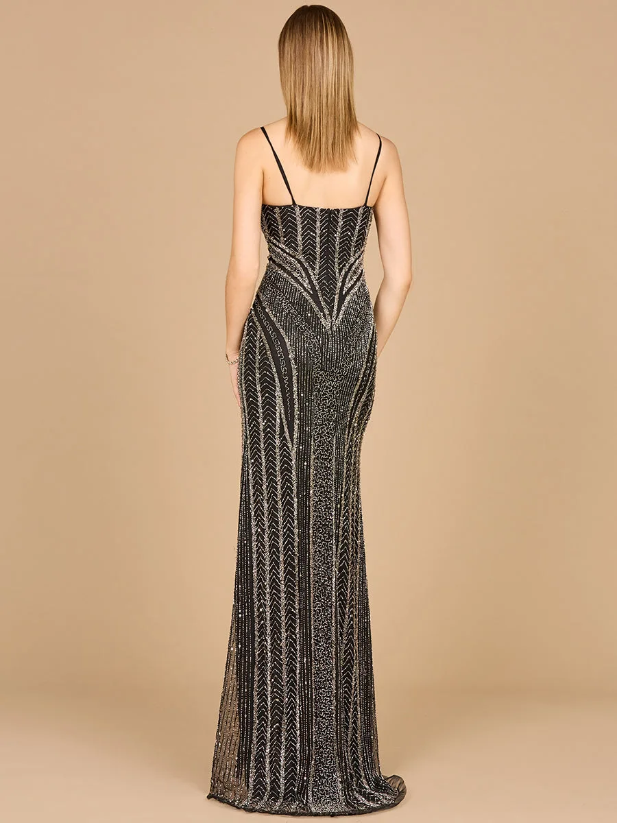 Spaghetti Strap Beaded Gown with Slit by Lara New York — style 29003
