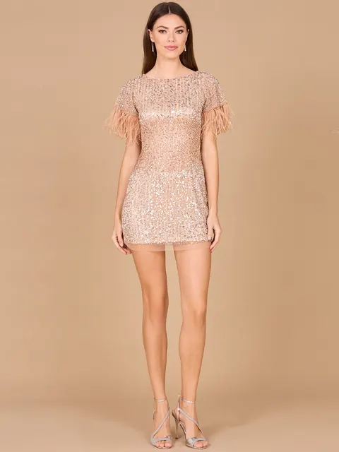 Short Sleeve Cocktail Dress with Feathers