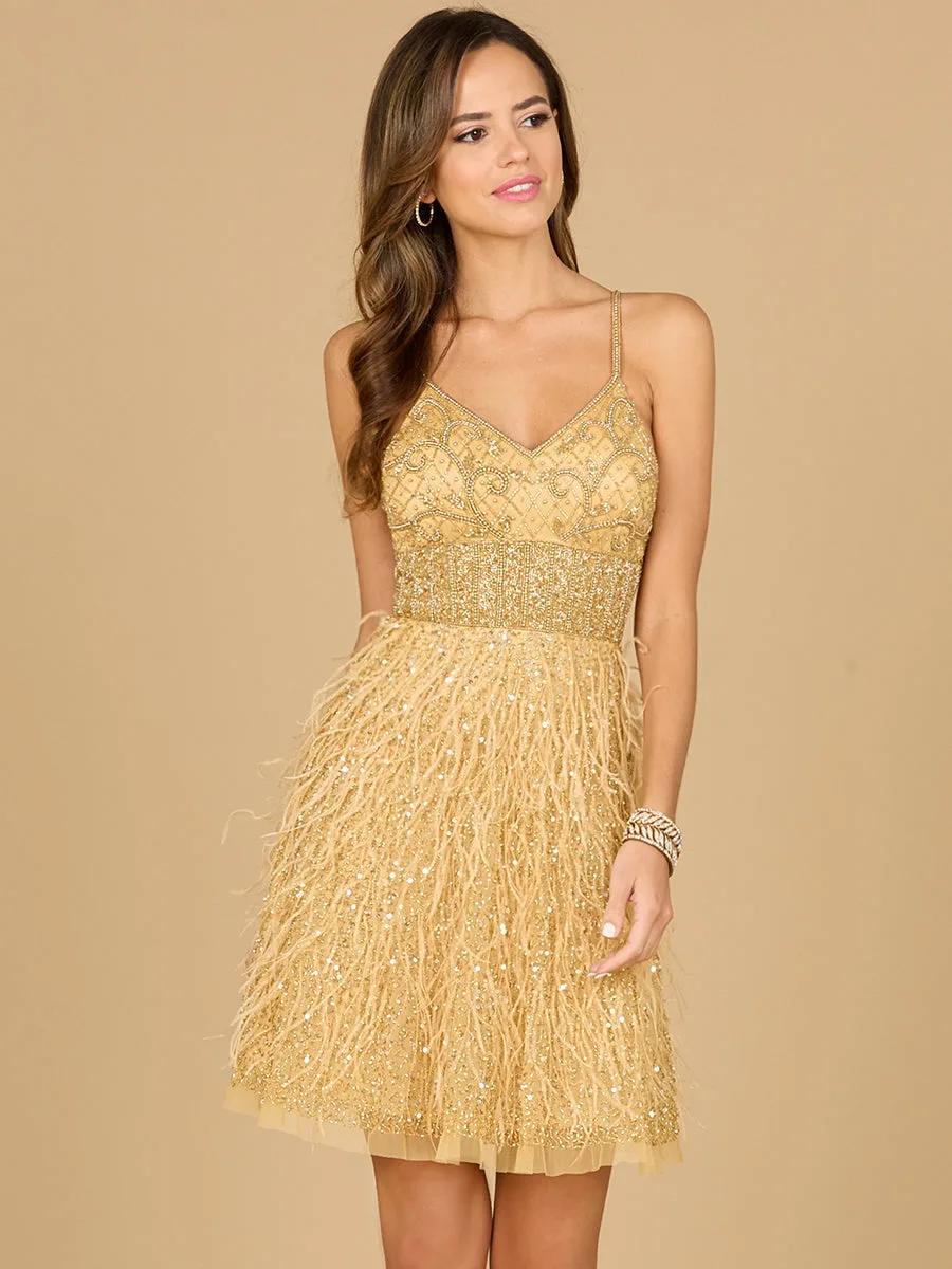 Beaded, Feather Cocktail Short by Lara New York — style 29016 in Gold