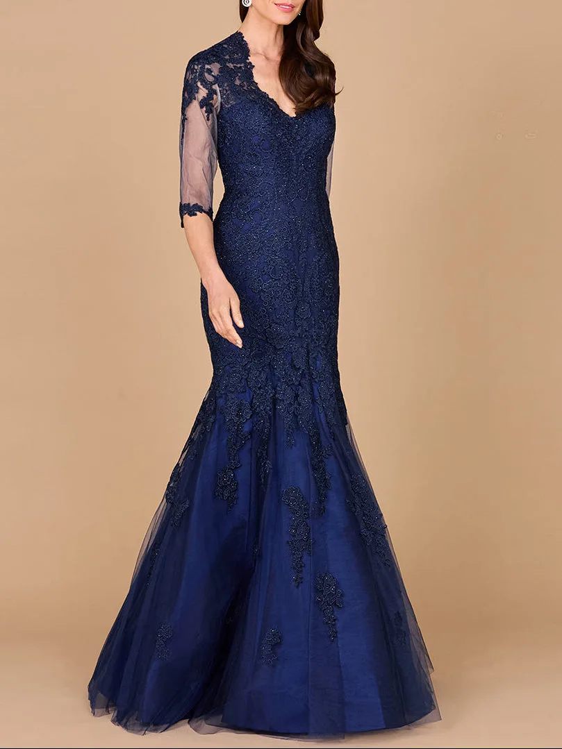 Long Sleeve, Mermaid Lace Gown by Lara New York — style 29019 in Navy