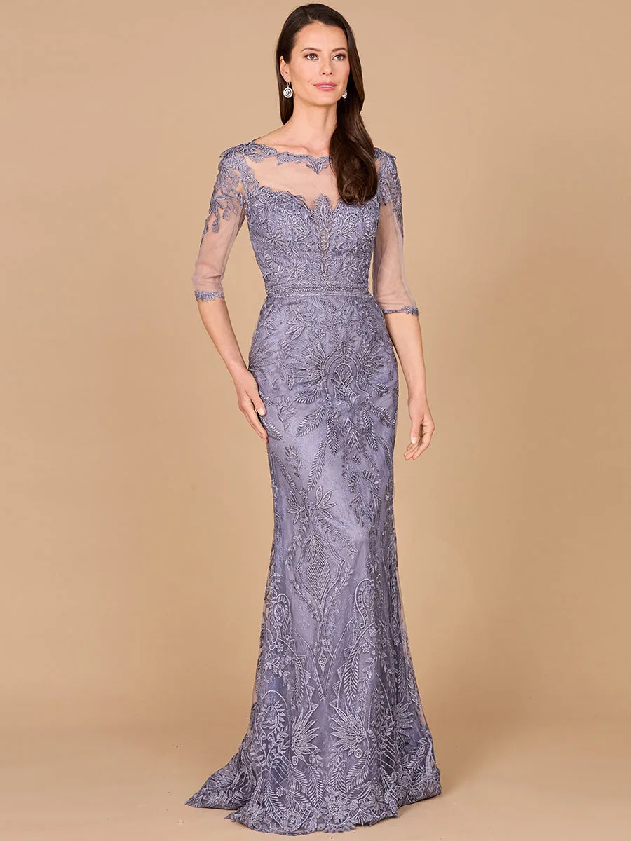 Detachable Half Sleeve Lace Sheath Gown by Lara New York — style 29020 in Grey Blue