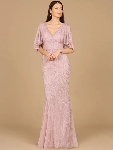 Cape Sleeve Beaded Gown