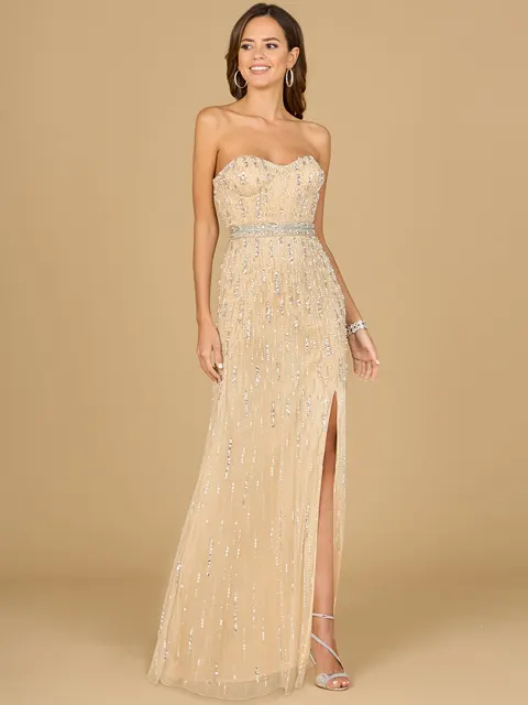Strapless Beaded Gown with Slit