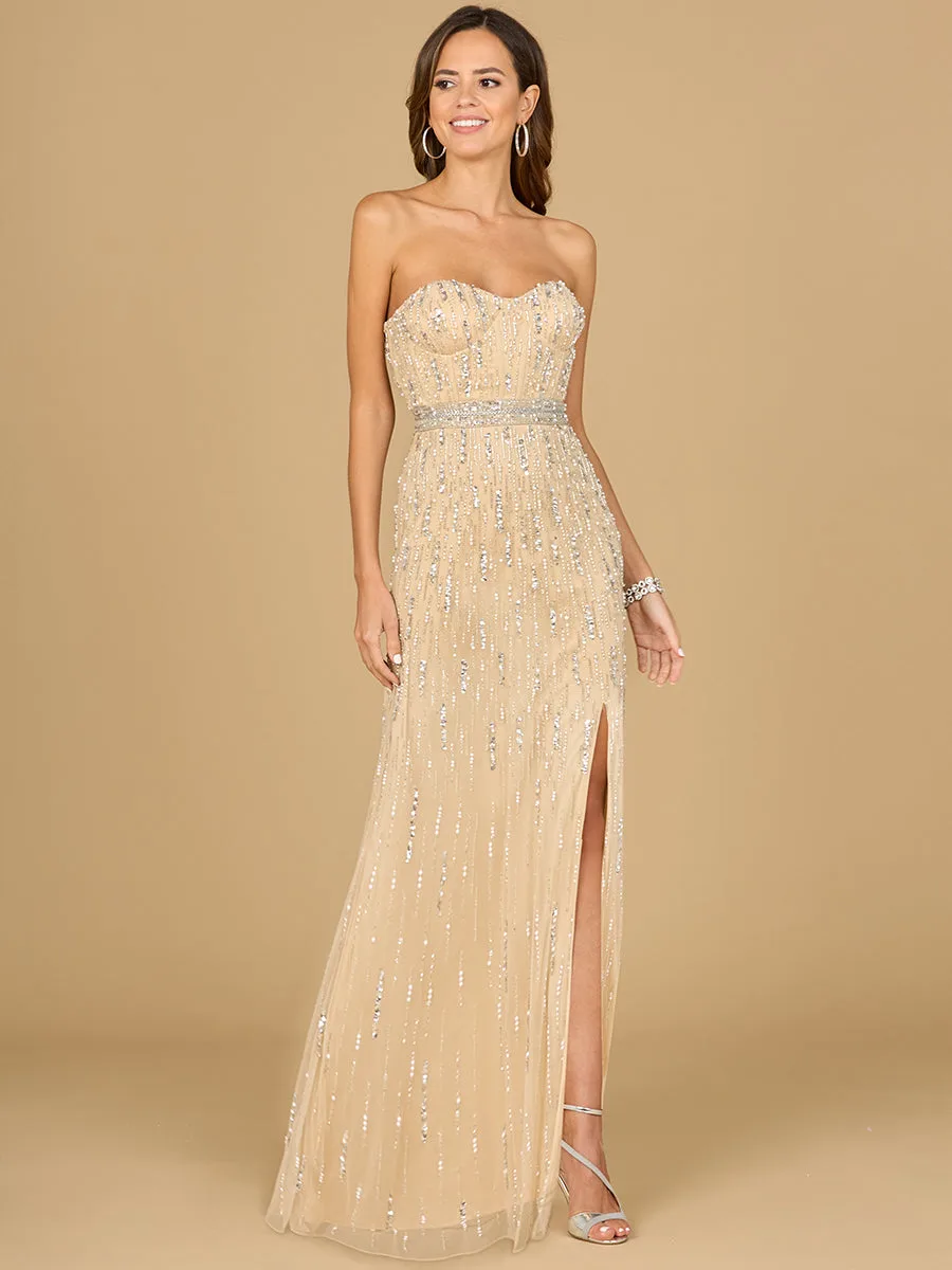 Strapless Beaded Gown with Slit by Lara New York — style 29035 in Champagne Pearl